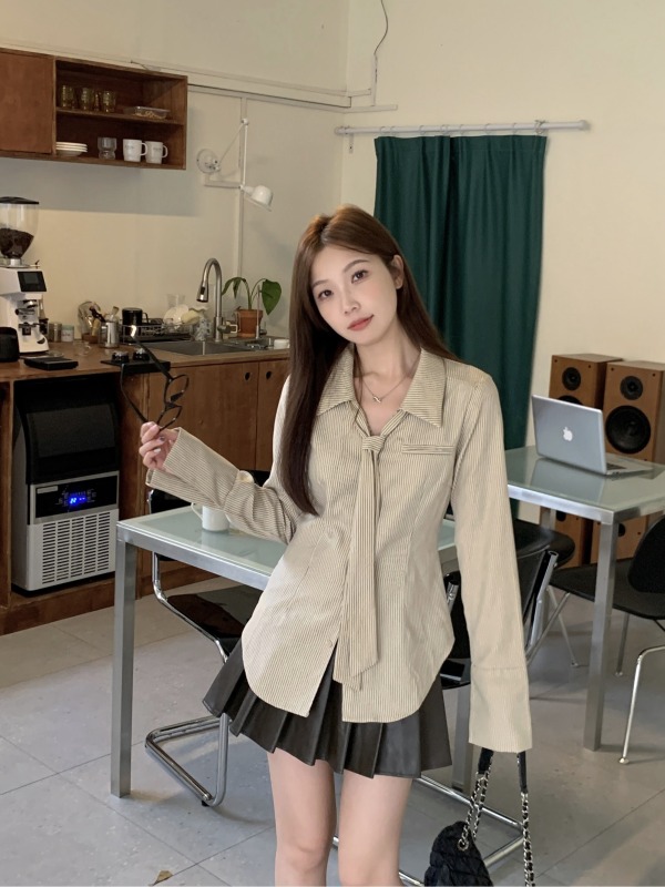 Large size 2024 autumn new Maillard niche striped long-sleeved waist shirt college style top