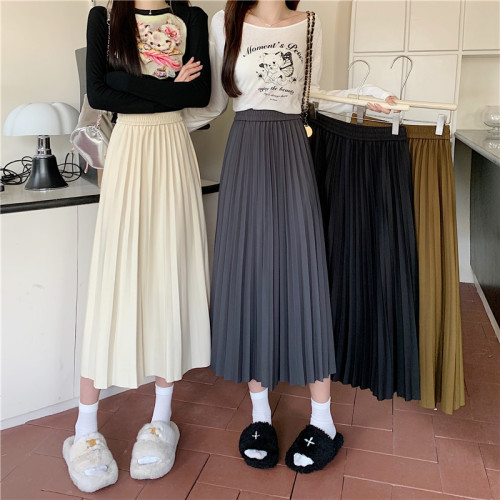 Korean style autumn elastic high-waisted pleated skirt for plus size fat girls, slim and drapey, versatile A-line mid-length skirt