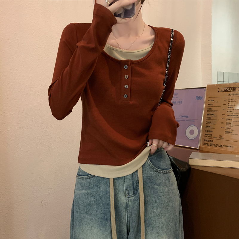 Contrast color fake two-piece long-sleeved T-shirt for women autumn new Maillard wear round neck top slim bottoming shirt