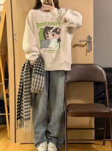 Autumn and winter woolen cotton composite thin 300g/velvet thickened 400g front printed round neck sweatshirt for women