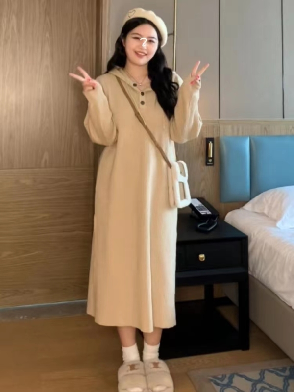 Plus size women's autumn and winter knitted hooded sweatshirt dress for fat mm, loose and slim with bottoming sweater and long skirt