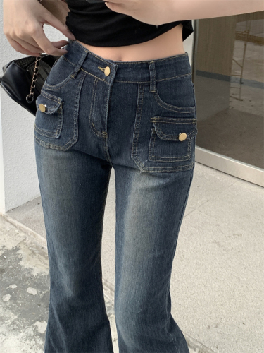 Retro blue jeans for spring and summer, high-waisted, slim, micro-flared horseshoe pants, niche long pants with design