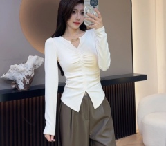 Metal sequin autumn and winter new style brushed atmosphere slim fit design pleated waist long-sleeved top