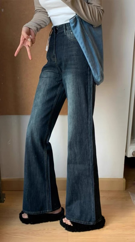 High-waisted non-leg jeans for women, new autumn and winter retro micro-flare pants, loose floor-length straight wide-leg pants