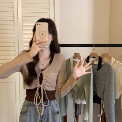 Autumn new sweet and spicy style halterneck contrasting vest V-neck drawstring short chic blouse two-piece set with fungus edges