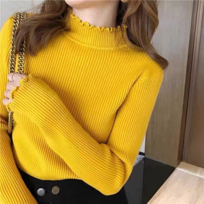 Korean style solid color half turtleneck sweater for women, layered with autumn and winter fungus-edged long-sleeved sweater underneath