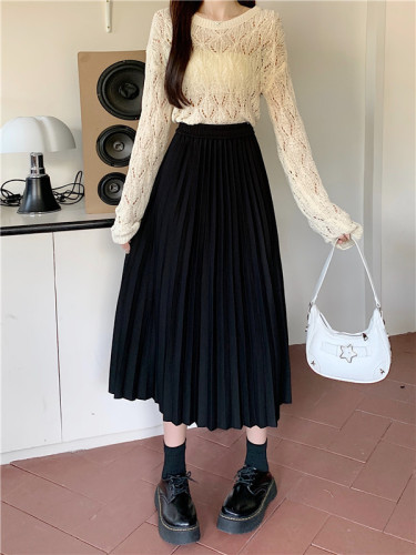 Korean style autumn elastic high-waisted pleated skirt for plus size fat girls, slim and drapey, versatile A-line mid-length skirt