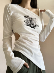 Pure cotton thread irregular hollow long-sleeved slim T-shirt for women