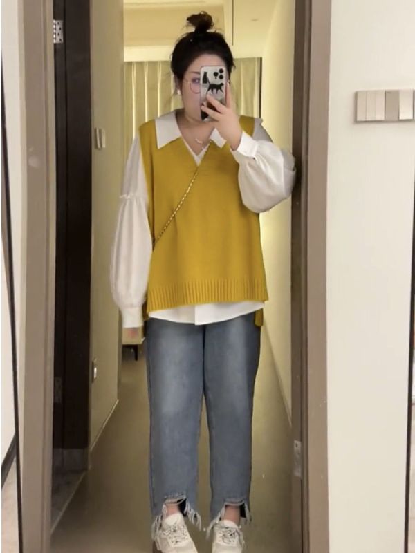 Plus size women's autumn suit new loose slimming solid color vest white shirt and jeans three-piece set