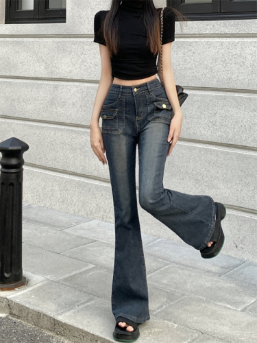 Retro blue jeans for spring and summer, high-waisted, slim, micro-flared horseshoe pants, niche long pants with design