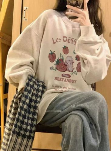 Autumn and winter woolen cotton composite thin 300g/velvet thickened 400g front printed round neck sweatshirt for women