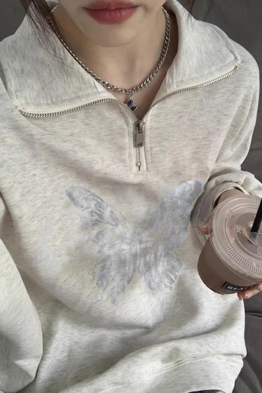 CVC cotton pasta wool Chinese cotton composite/milk silk 320g/silver fox velvet 400g front printed lapel sweatshirt for women