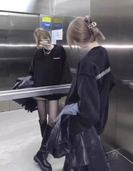 New autumn top thin pure cotton washed black round neck sweatshirt jacket