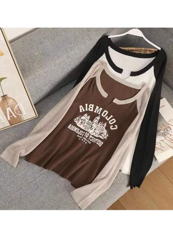Fat Jiajia Large Size Customized American Retro Color Block Letter Long Sleeve T-Shirt Women's Autumn Slim Knitted Sweater Top