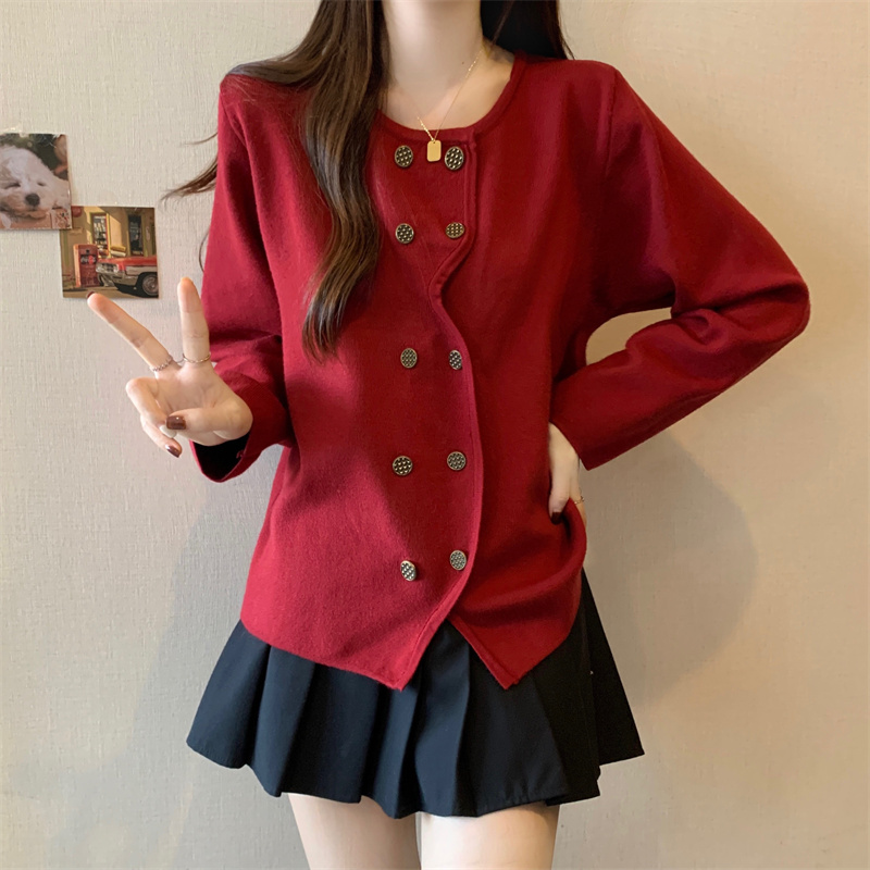 Wear up to 200 pounds ~ plus size women's autumn and winter fat sister Xiaoxiangfeng red knitted cardigan sweater jacket