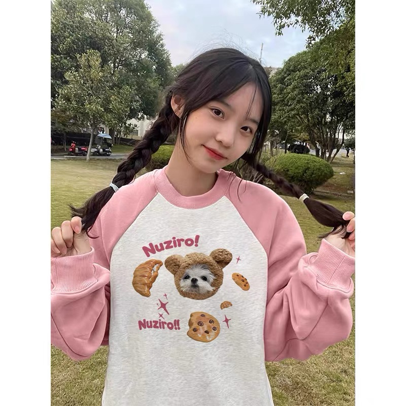 Raglan spliced ​​round neck sweatshirt with dog print, wool and Chinese cotton composite milk silk