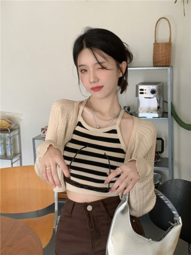 Striped camisole knitted vest + sweater cardigan knitted suit