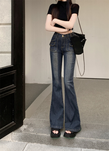 Retro blue jeans for spring and summer, high-waisted, slim, micro-flared horseshoe pants, niche long pants with design