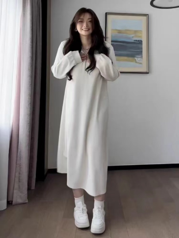 Large size Korean style drapey hooded dress autumn new style for fat mm lazy wind covering belly and slimming long-sleeved small skirt for women