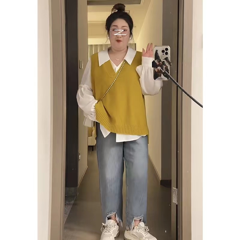 Han Pangpang customized fat mm with a lazy atmosphere and knitted vest vest + temperament shirt slimming two-piece set