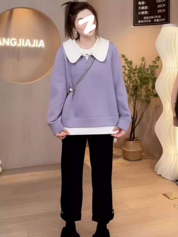 Plus size women's fake two-piece contrasting color doll collar sweatshirt women's spring new style slightly fat mm covering the flesh and slimming loose top