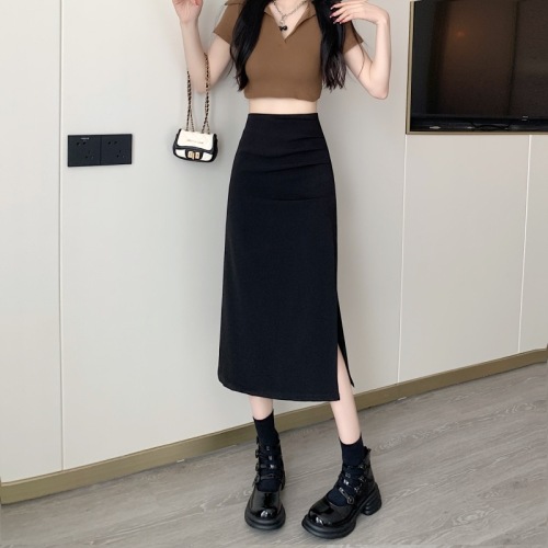 New high-waist slimming drape pleated one-step skirt mid-length A-line hip skirt