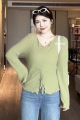 Bo Niu booob slightly fat custom large size women's clothing early autumn slimming fashion design drawstring versatile T-shirt for women