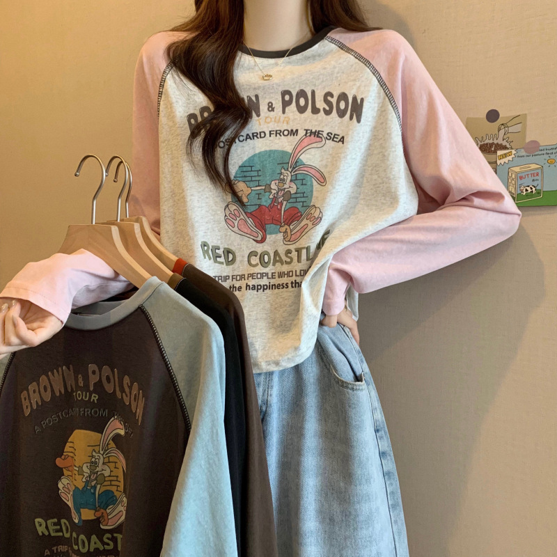 New version of American retro raglan sleeve printed loose long-sleeved T-shirt