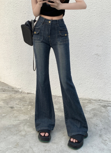 Retro blue jeans for spring and summer, high-waisted, slim, micro-flared horseshoe pants, niche long pants with design