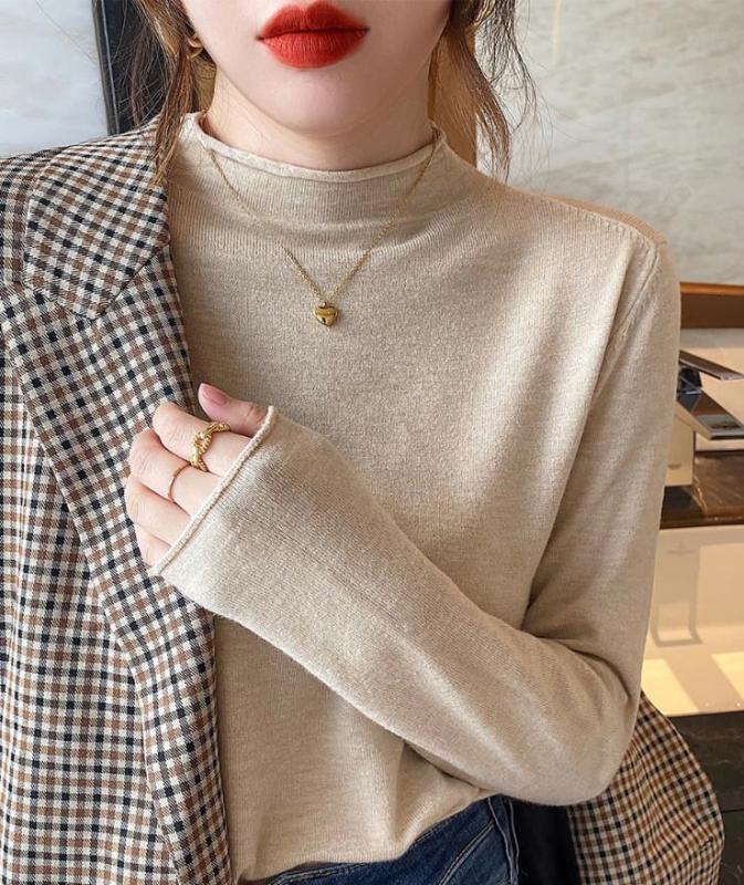 Half turtleneck bottoming shirt for women, autumn and winter inner sweater, spring and autumn style, 2021 new long-sleeved knitted early autumn top