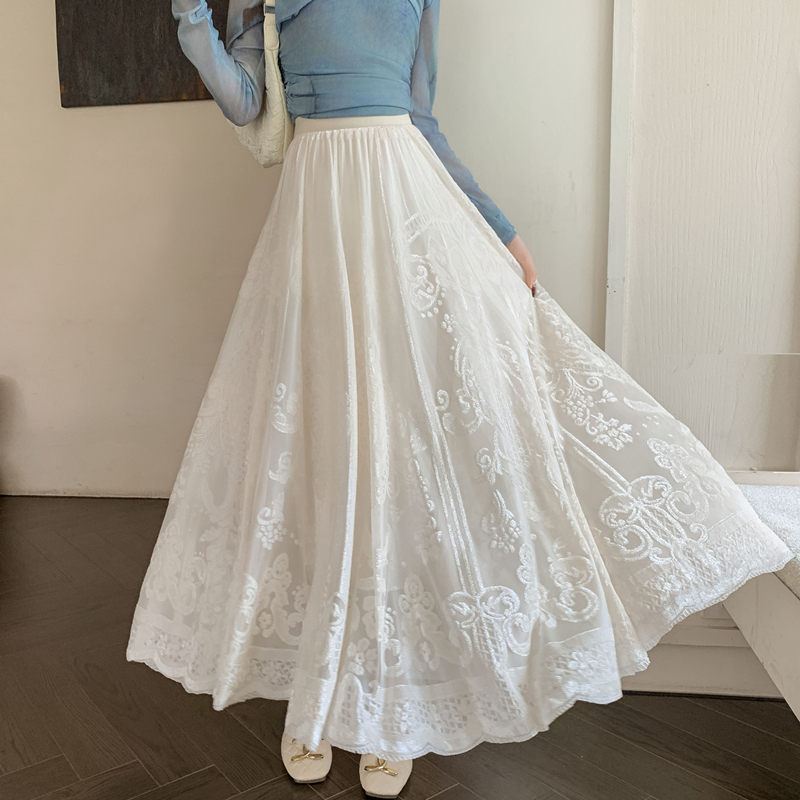 Designed jacquard embroidery skirt, new Korean style high-waisted A-line skirt, mid-length lace temperament large hem skirt