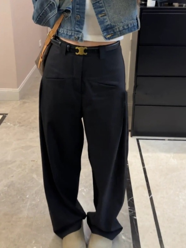 Plus size small woman retro loose drape straight casual pants spring and autumn fat mm high waist slim black suit pants