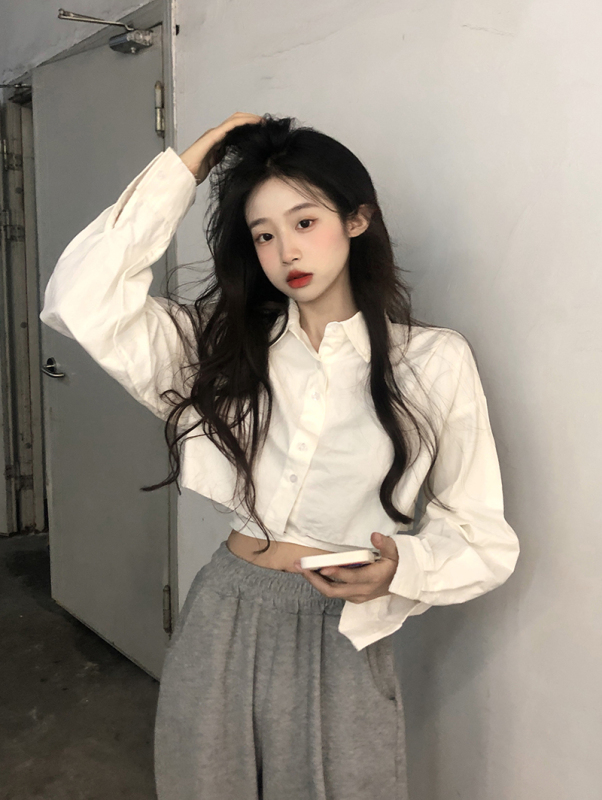 Sweet cool hottie short long-sleeved shirt women's early autumn trendy shirt