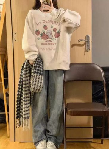 Autumn and winter woolen cotton composite thin 300g/velvet thickened 400g front printed round neck sweatshirt for women