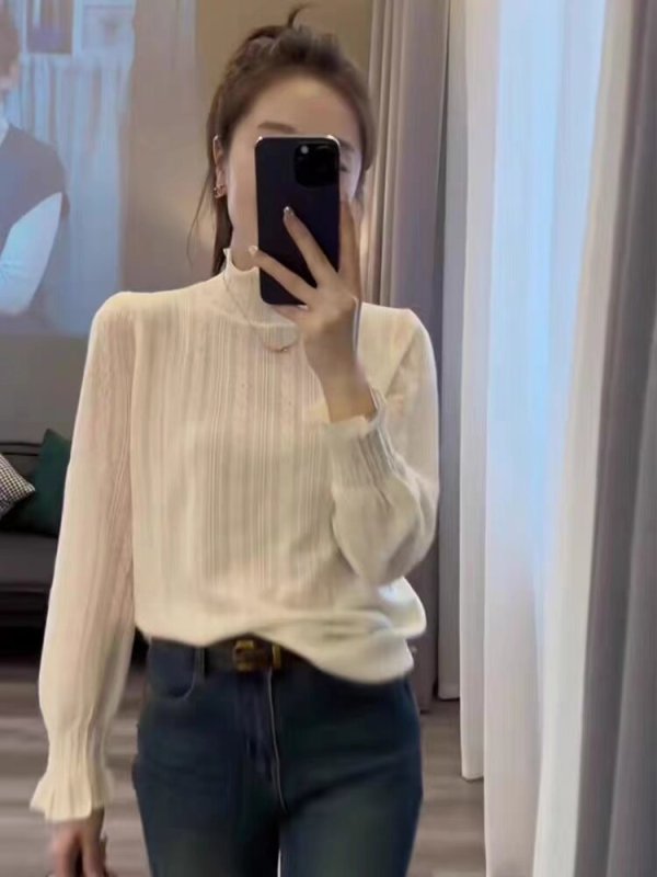 Women's new autumn fashionable, slim and versatile bottoming shirt with fungus edge, half turtleneck, long-sleeved woolen sweater