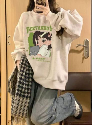 Autumn and winter woolen cotton composite thin 300g/velvet thickened 400g front printed round neck sweatshirt for women