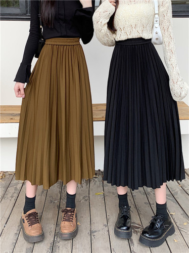 Korean style autumn elastic high-waisted pleated skirt for plus size fat girls, slim and drapey, versatile A-line mid-length skirt