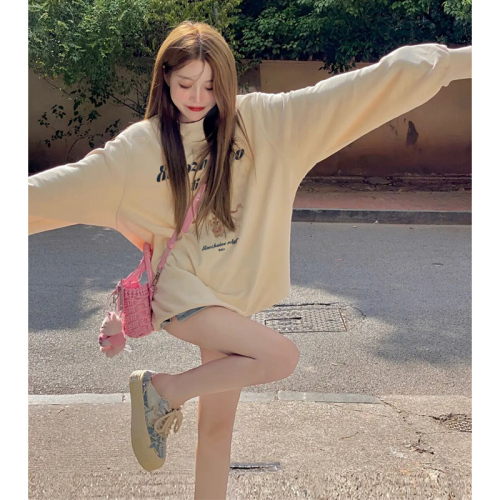 Retro round neck sweatshirt for women in autumn and winter new large size plus velvet lazy style long-sleeved top jacket