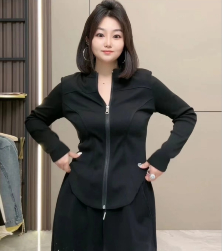 Plus size women's spring new pure desire slimming long-sleeved casual hot girl sports fashion stand-up collar yoga wear tops for women