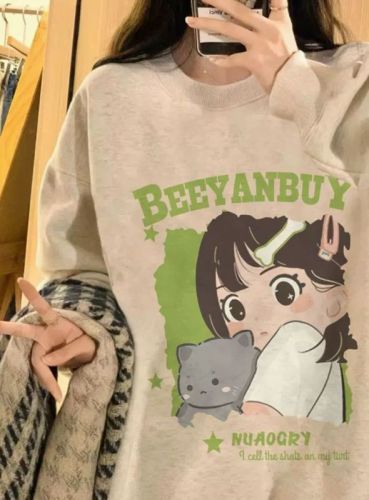 Autumn and winter woolen cotton composite thin 300g/velvet thickened 400g front printed round neck sweatshirt for women