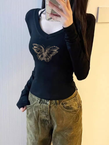 Already shipped, high elasticity, chic and beautiful pinch waist short top, new bottoming shirt, V-neck tight long-sleeved T-shirt