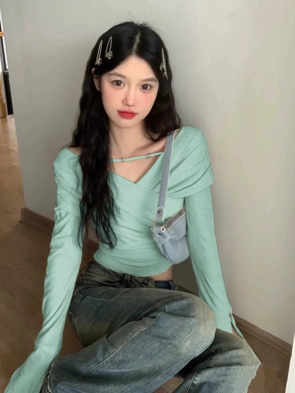 Mint Mambo style mint green spring long-sleeved T-shirt women's pure desire V-neck sweet hot girl slim bottoming shirt sweet spicy top