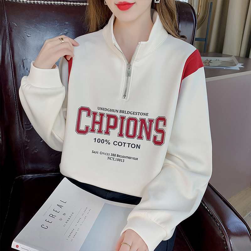 New autumn fashionable half-zip three-dimensional printed stand-up collar sweet and cool short sweatshirt for women