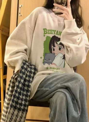 Autumn and winter woolen cotton composite thin 300g/velvet thickened 400g front printed round neck sweatshirt for women