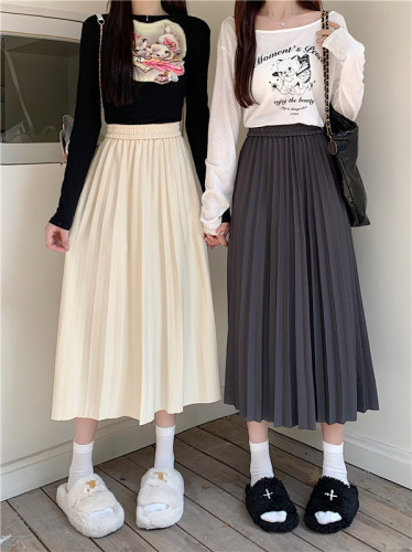 Korean style autumn elastic high-waisted pleated skirt for plus size fat girls, slim and drapey, versatile A-line mid-length skirt