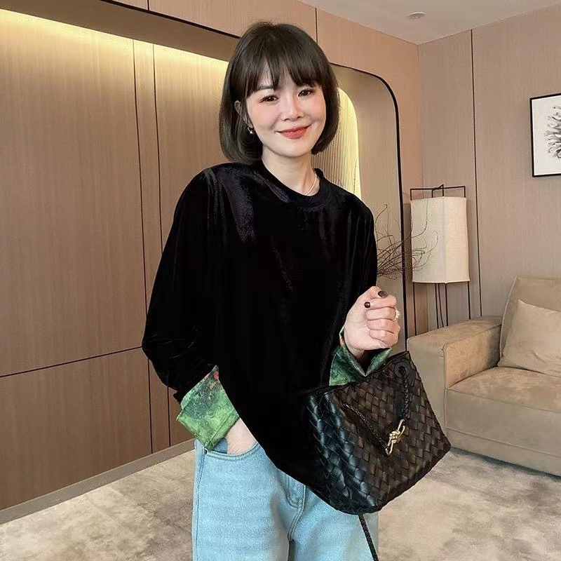 Plus size women's new Chinese style tops high-end velvet stitching long-sleeved shirts early spring new style