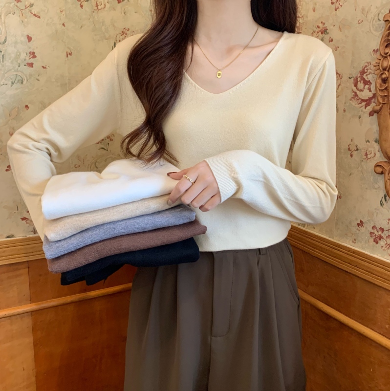 ~Large size right shoulder bottoming shirt with sweater, new design knitted sweater v-neck top