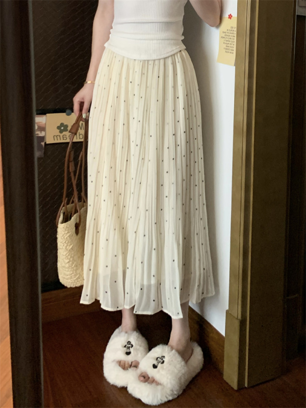 Retro polka dot loose slimming skirt high waist drape pleated chiffon A-line skirt mid-length skirt
