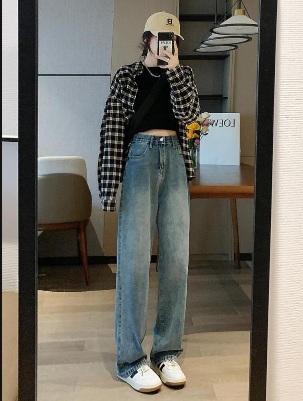 High-waisted wide-leg jeans for women in spring and summer, retro, slim, versatile, straight-leg floor-length pants, trendy for hot girls