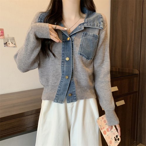 Plus size niche design denim stitching Polo collar sweater women's spring small shirt slim long-sleeved top